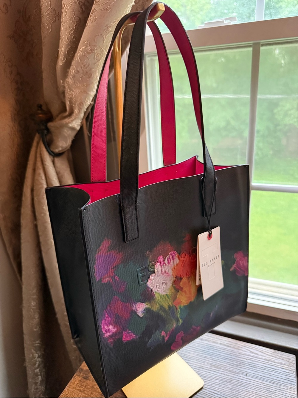 NWT Ted Baker Black Tote with Pink Interior and Multicolor Floral Accents